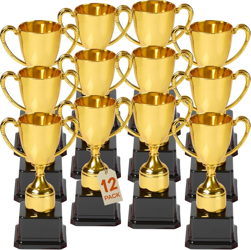 Playbees Fun Gold Plastic Trophies - 12 Pack - 7 Inch - Award Trophy Cup Set for Superstar Kids - Champion Celebrations, Sports Galore, and Victory Vibes - Desktop Toy - Image 1